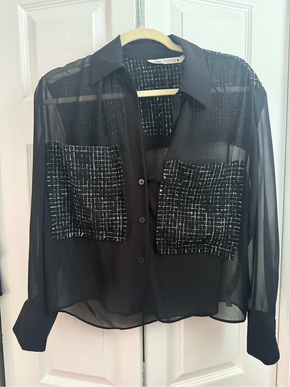 Zara Black Sheer Button-Up Top with Tweed Pockets